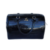 Black patent croc leather duffle bag with gold hardware and stitched handles.