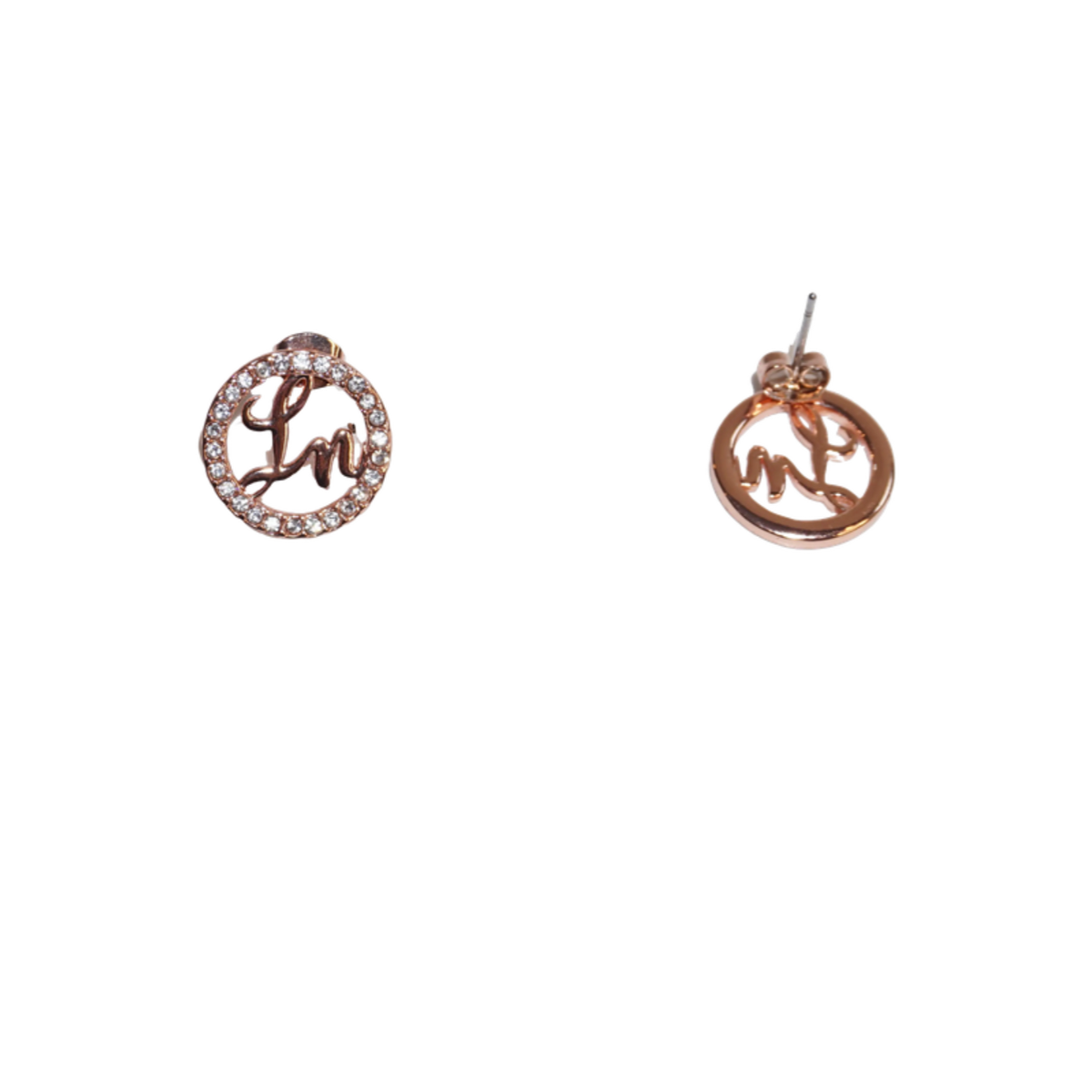 Pair of rose gold earrings with circular designs on a white background