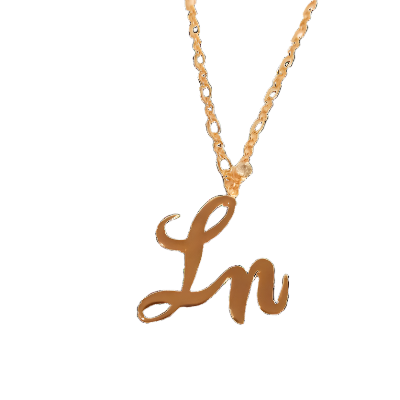Gold necklace with 'Ln' pendant on a white background