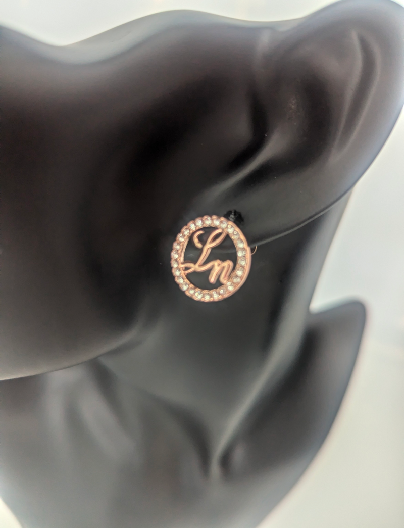 Rose Gold Laurice Noire LN Logo Earrings on Mannequin