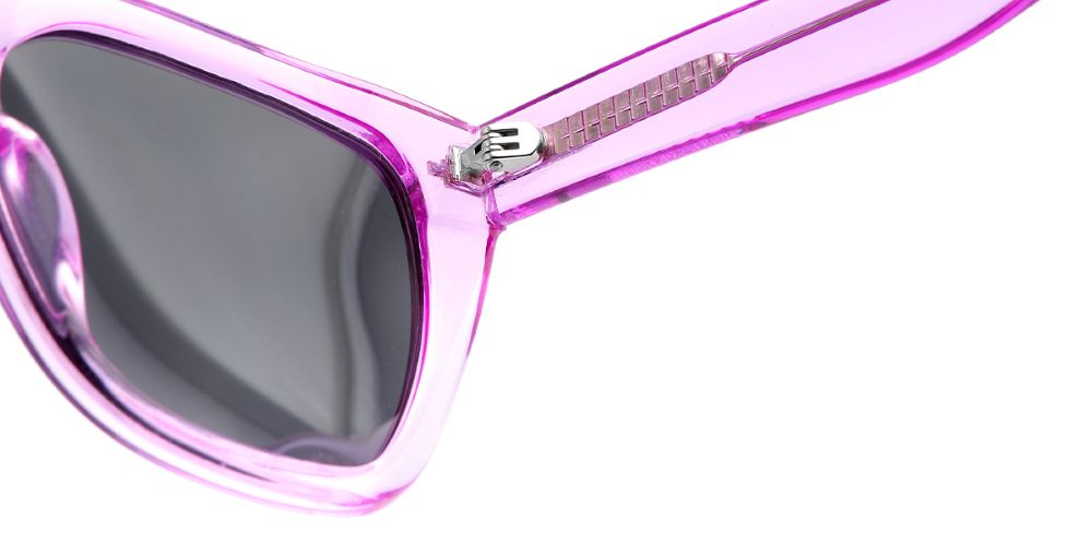 Close-up of Tati Polarized Sunglasses in purple, showcasing stylish design and dark lenses.