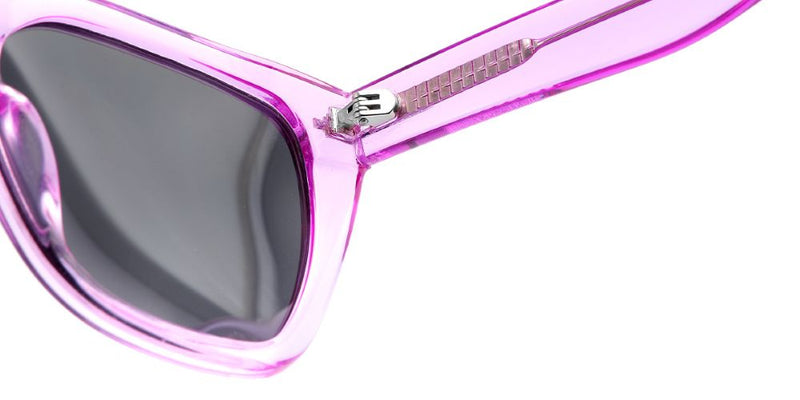Close-up of Tati Polarized Sunglasses in purple, showcasing stylish design and dark lenses.