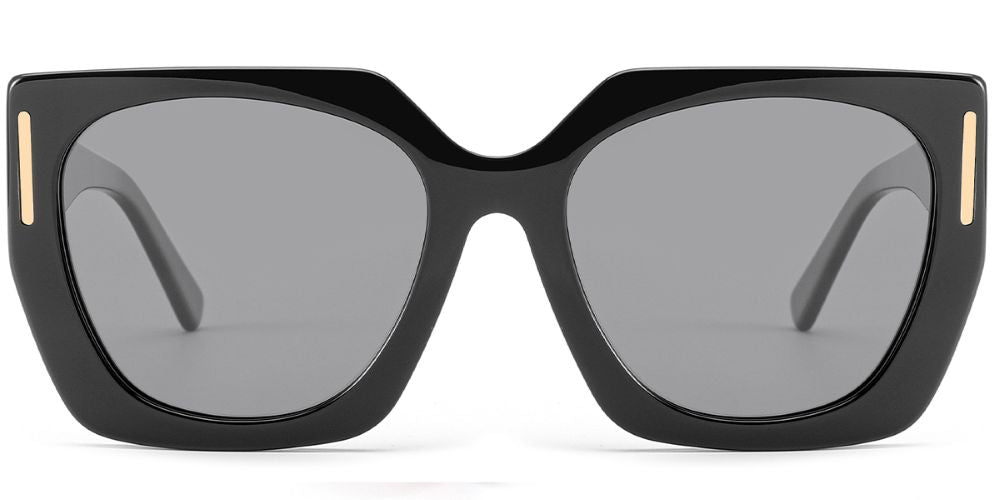 Ana Polarized Sunglasses in Black/Gold with oversized rectangular frames and gray lenses