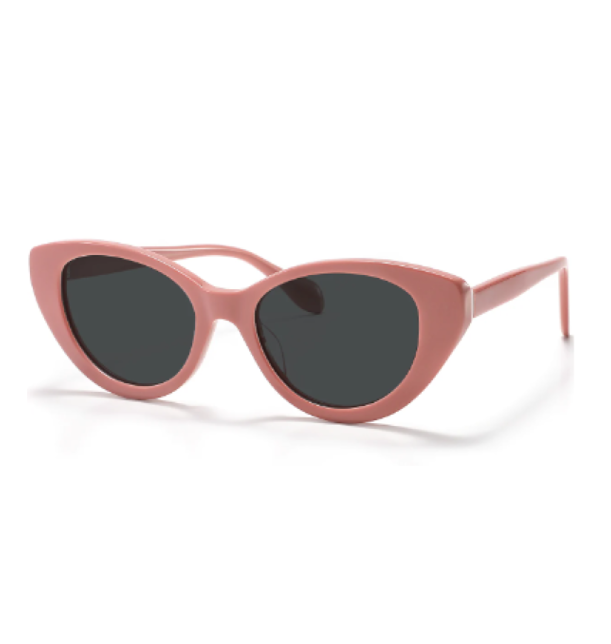 Pink sunglasses with dark lenses on a white background