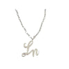 Laurice Noire LN Logo Necklace in silver, featuring a stylish intertwined pendant on a delicate chain.