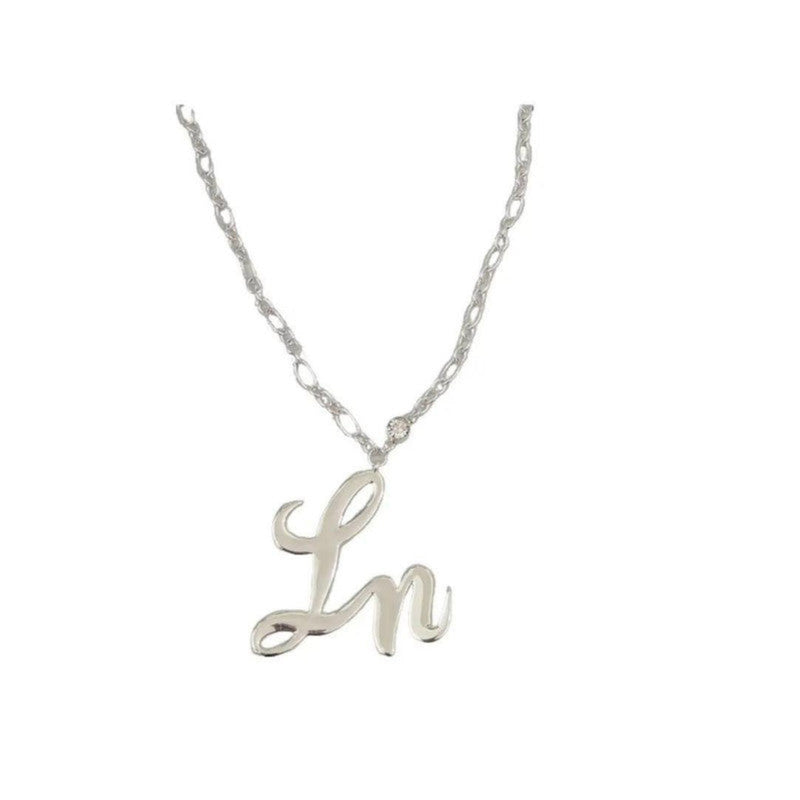 Laurice Noire LN Logo Necklace in silver, featuring a stylish intertwined pendant on a delicate chain.
