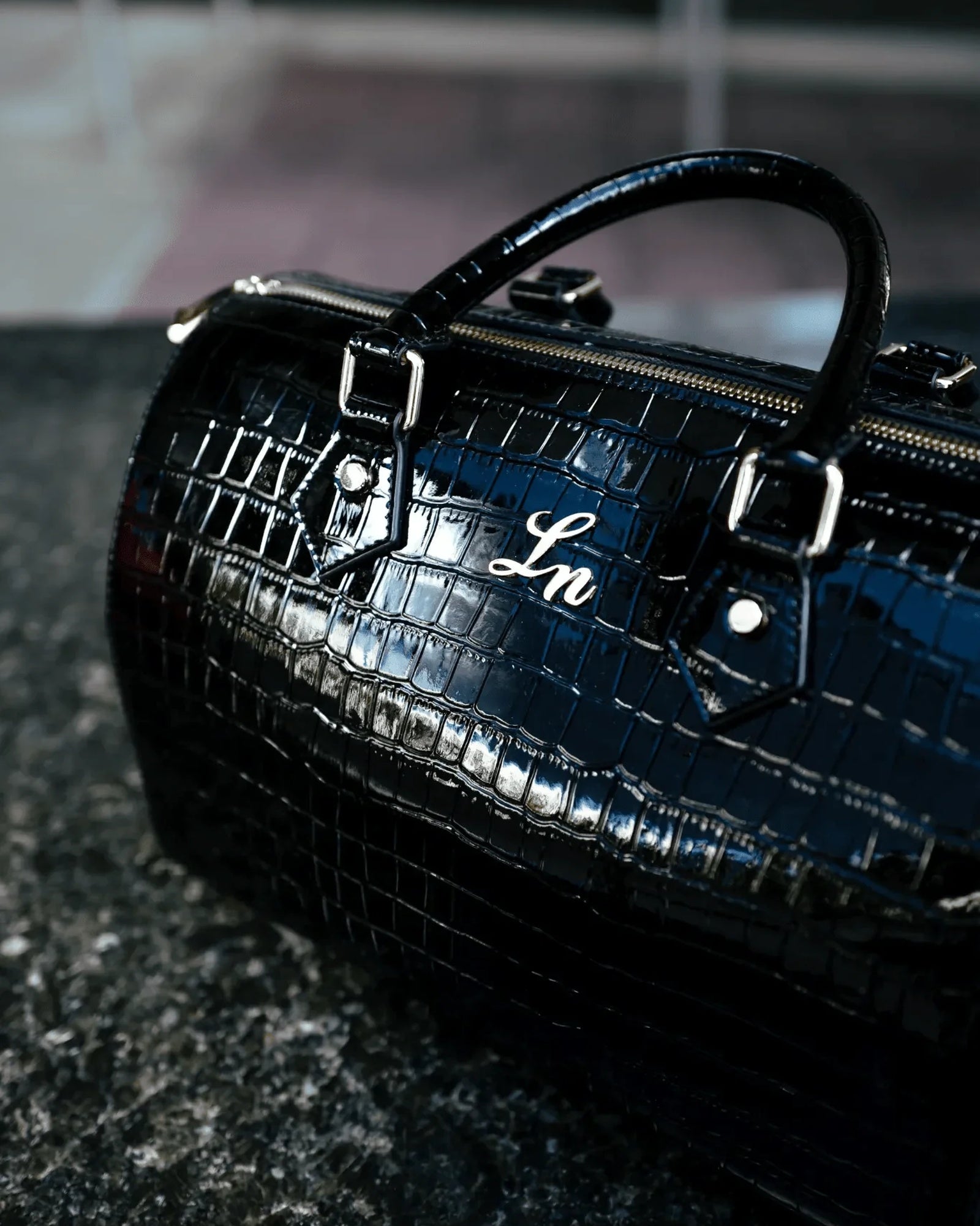Laurice Noire Patent Croc Leather Jasmine Duffle – Black/Silver