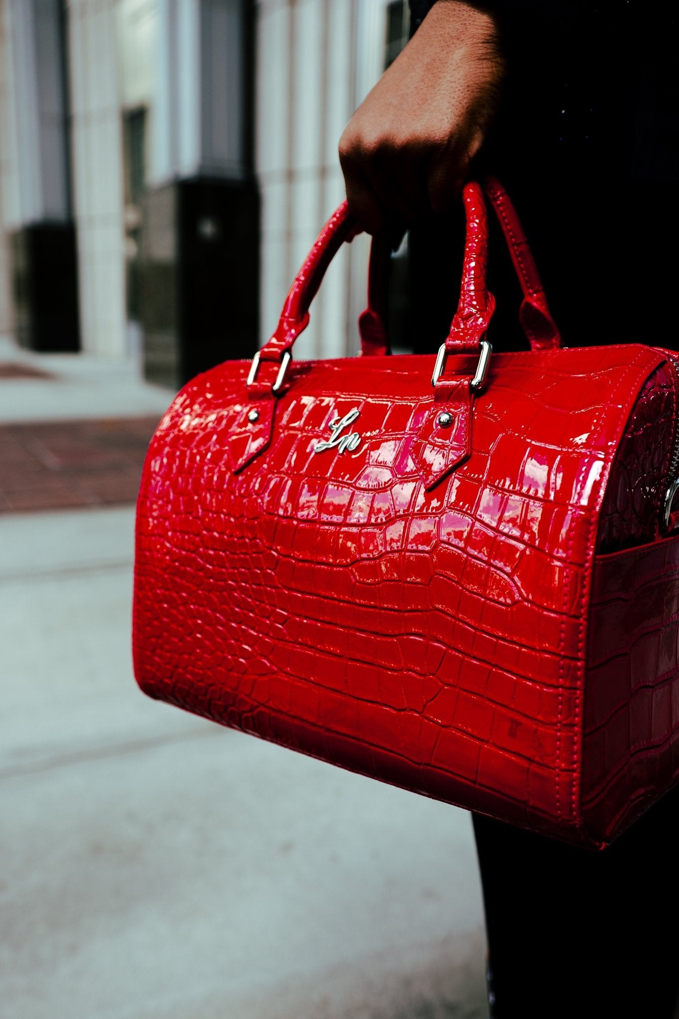 Laurice Noire Patent Croc Leather Jasmine Duffle - Red/Silver